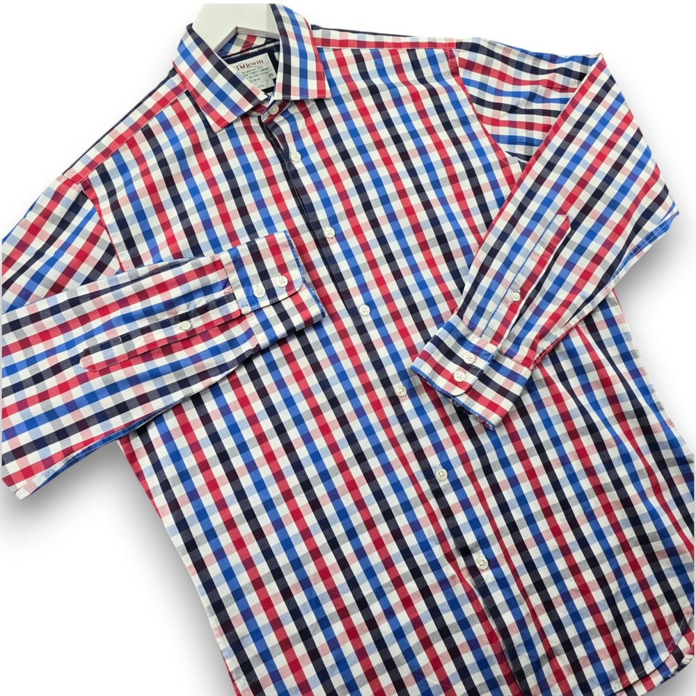 TM Lewin Mens Shirt 16 35 Slim Fit Red Blue Check Two Fold Cotton Dress Shirt